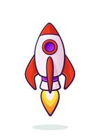 Flying rocket space ship with flame from turbine. Space ship shuttle transport. Concept of business startup. Vector illustration with outline in cartoon style. Clip art Isolated on white background