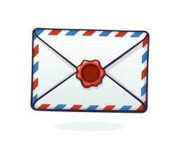 Vector illustration. Closed mail white envelope with red and blue stripes and red wax seal. Not read incoming message. Symbol of communication. Graphic with contour. Isolated white background