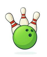 Cartoon illustration of green bowling ball knocks down pins vector