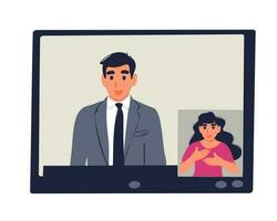 A man is on a video call with a woman on the screen, sign language interpreter. vector