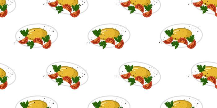 Seamless pattern with fried egg with tomatoes and parsley on a white background, vector