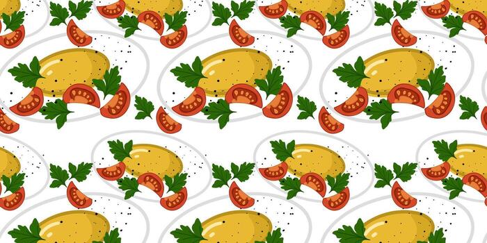 Seamless pattern with fried egg with tomatoes and parsley on a white background, vector