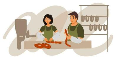 A man and a woman make sausages and sausages. Sausage factory. vector