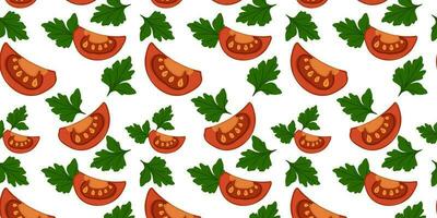 Seamless pattern with tomatoes with parsley and seasoning black pepper. vector