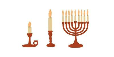 Set with a candlestick with a candle and a Hanukkah menorah. vector