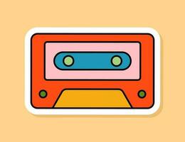 Vector Retro Audio cassette sticker isolated on yellow background. 70s style cartoon icon with white contour