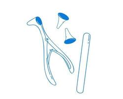 A set of medical instruments for examining the ear, throat, nose on a white gauze background. Medical spatula, ear funnel, nasal mirror. vector