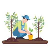 salvar el tierra, hombre plantando un árbol en plano estilo dibujos animados ilustración vector. tierra y ambiente día. vector