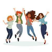 Group of Joyful Diversity Young Women People in Cheerful Action, Flat Style Cartoon Illustration. Friendship Concept. vector
