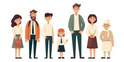 Group of people different genders, different ages standing on white background. Cartoon Vector illustration.