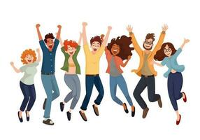 Group of Joyful Diversity Young People in Cheerful Action, Flat Style Cartoon Illustration. Friendship Concept. vector