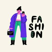 A bright modern fashionable woman. Style and fashion. A girl in a coat takes a selfie. Flat vector illustration