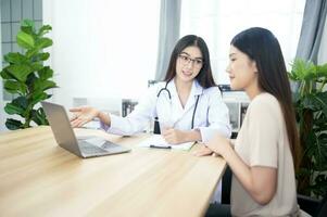 Asian young woman suffering from flu visiting professional doctor for sick problem consultation in clinic office photo