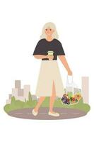 Happy woman with a cup of coffee and a bag full of vegetables and fruits. Cute vector illustration in flat style