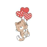 Cute cat with a love balloon. Vector illustration of a funny kitten