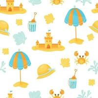 Summer seamless pattern with sand castle, sun umbrella, shell, crab and straw hat on white background. Vector illustration in flat cartoon style for design, wallpaper, wrapping paper, fabric.