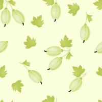 Seamless pattern with gooseberries. Summer garden berry with leaves on light green background. Vector illustration in flat cartoon style.
