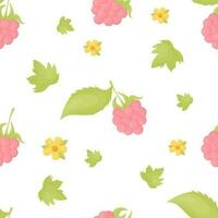 Seamless pattern with summer raspberries with leaves on white background with yellow flowers. Vector illustration in flat cartoon style for print, wallpaper, textile, packaging and design.