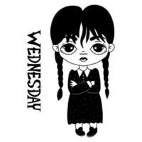Little cute Wednesday girl with braids with dark dress. Vector illustration. Hand drawn doodle.