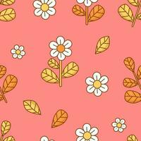 Floral seamless pattern with flower on pink background. Groovy vector Illustration for wallpaper, design, textile, packaging, decor.