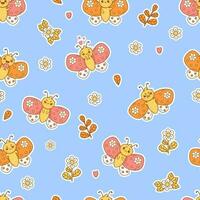 Seamless pattern with cute cartoon butterflies with emotions on blue background with flowers. Vector Illustration in style of stickers for kids collection, wallpaper, design, textile, packaging, decor