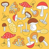 Mushroom background in trendy colors. Autumn set of cool mushrooms. A collection of wild mushrooms in cartoon doodle style with incomplete painting. vector