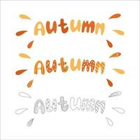 Three spellings of the word autumn with and without color, multi colored and black and white, lettering of the autumn season. vector