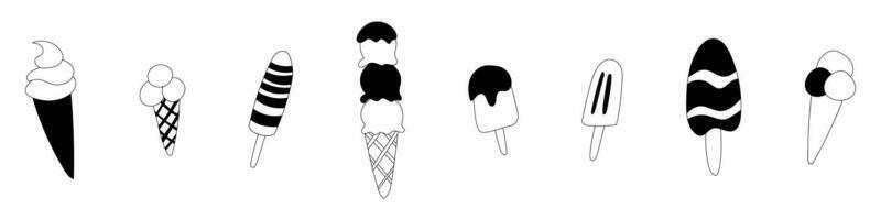 Vector illustration of a collection of ice cream on a stick and in a waffle cone. Black and white. A doodle style ice cream set is isolated on a white background.