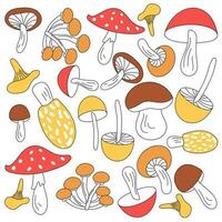 Simple illustrations of mushrooms with incomplete painting. A collection of doodle-style wild mushrooms is isolated on a white background. vector