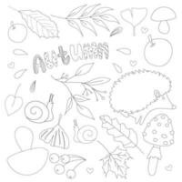 Seasonal autumn collection of forest animals and leaves in black stroke for children's books and coloring pages. vector