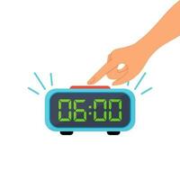 A ringing alarm clock and a hand that turns off the alarm clock. Electronic clock alarm clock with hand in cartoon style isolated on a white background. vector