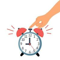 An old fashioned alarm clock, a mechanical clock, rings, a hand turns off the alarm clock. An alarm clock in the style of a cartoon with a hand isolated on a white background. vector