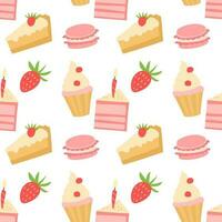 Sweet cake vector flat pattern. Cake, cupcake and berries vector ilustration.