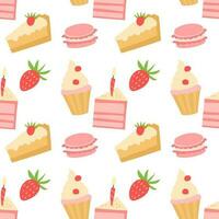 Sweet cake vector flat pattern. Cake, cupcake and berries vector ilustration.