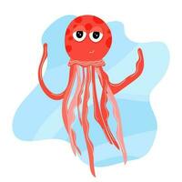 Marine life, jellyfish, swims underwater, sea season, sea, beach, ocean. Cute red jellyfish in cartoon style on a marine background. vector