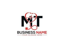 Minimal Heartbeat Mt Doctor Logo, Creative Medical MT Logo Letter Design vector