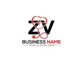 Monogram Zv Health Care Logo Icon, Initial Heartbeat Zv vz Doctors Logo Letter Design vector