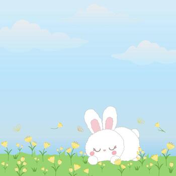 Sleeping rabbit bunny in the flower field meadow. White Rabbit cartoon character blue sky with grass background. Copy space design for card easter summer background. Square design. vector
