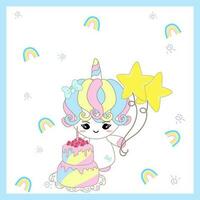 unicornio con cumpleaños caca y globos, bebé unicornio dibujos animados personaje antecedentes para tarjeta, bebé ducha, san valentin día, boda, de la madre día , del padre día. vector