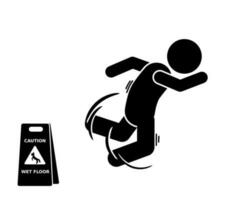 Slippery floor causes stick figure to slip and fall. vector