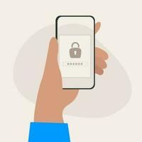 Hand holding Mobile phone locked notification button, password field. Smartphone security. vector