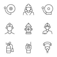 Collection of vector isolated signs drawn in line style. Editable stroke. Icons of fire alarm, fireman, radio, protective mask, extinguisher