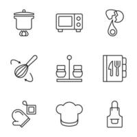 Collection of vector isolated signs drawn in line style. Editable stroke. Icons of pan, microwave, egg, mixer, salt and pepper, cookbook, mitten, apron, chefs hat