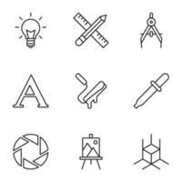 Collection of vector isolated signs drawn in line style. Editable stroke. Icons of light bulb, crossed liner and pencil, compass, paint roller, dropper, shutter, easel, cube