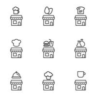 Vector outline signs and symbols drawn in flat style with black thin line. Editable strokes. Line icons of beer, eggs, bread, chefs hat, fast food and other items over store