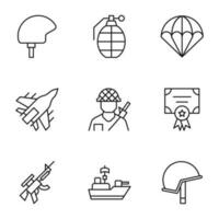 Collection of vector isolated signs drawn in line style. Editable stroke. Icons of helmet, hard hat, grenade, soldier and other symbols of army