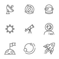 Collection of vector isolated signs drawn in line style. Editable stroke. Icons of satellite dish, cosmos, space, astronaut, The Moon, spacecraft, spaceship