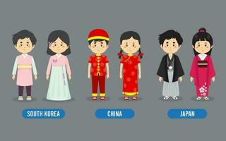 Set of Asian People Wearing Traditional Outfit vector