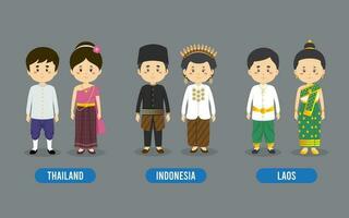 Set of Asian People Wearing Traditional Outfit vector