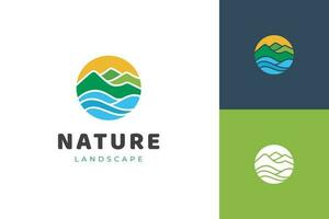 Mountain landscape graphic element for peak river creek logo vector template, mountains highland label logo